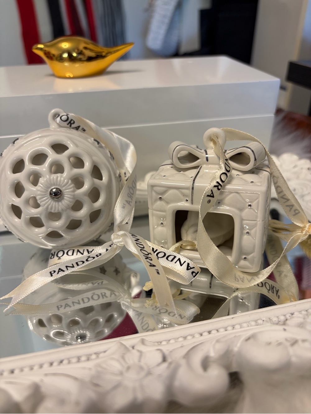 Pandora White Ceramic Holiday Ornament Duo with Branded Ribbon